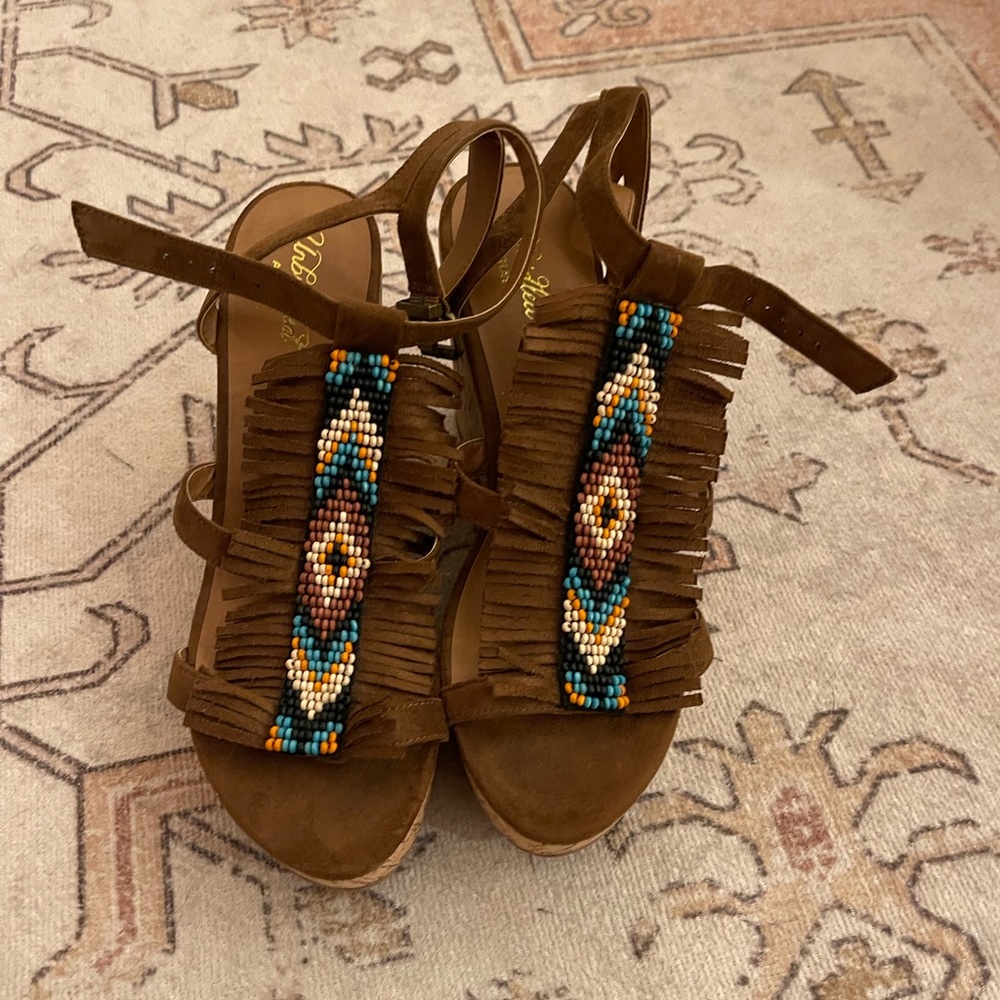 Ariat Brown Suede Wedge Sandals with Multicolor Beaded Fringe